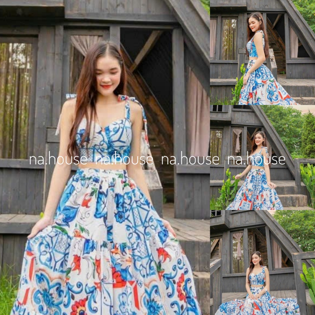 Set váy dài thổ cẩm đi biển đi chơi du lịch Nahouse áo 2 dây xanh dương bo chun kèm chân váy thiết kế đẹp xinh xịn sang