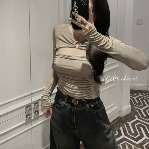 Áo thun nữ dài tay,áo thun,áo thun nhúng kim cương kiểu khoét ngực,áo nhún ngực dài tay trẻ trung,cá tính