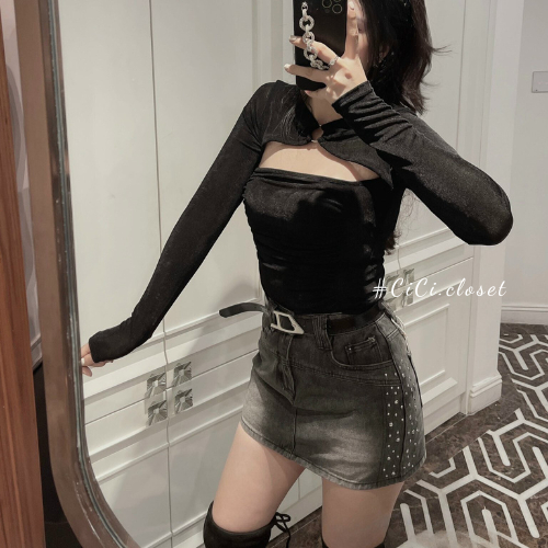 Áo thun nữ dài tay,áo thun,áo thun nhúng kim cương kiểu khoét ngực,áo nhún ngực dài tay trẻ trung,cá tính