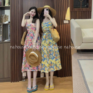  Đầm 2 dây hoa nhí đi chơi đi biển Nahouse váy voan hoa xếp ly ngực bo chun lưng màu hồng vàng thiết kế đẹp xinh sang xịn 