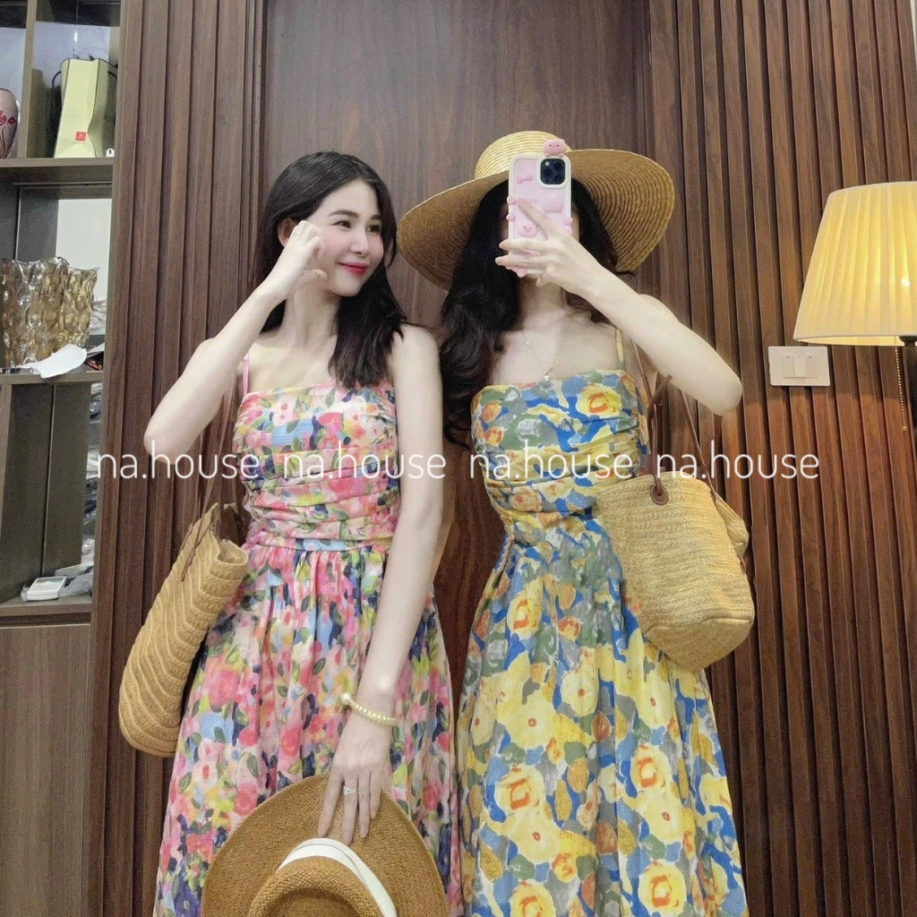 Đầm 2 dây hoa nhí đi chơi đi biển Nahouse váy voan hoa xếp ly ngực bo chun lưng màu hồng vàng thiết kế đẹp xinh sang xịn