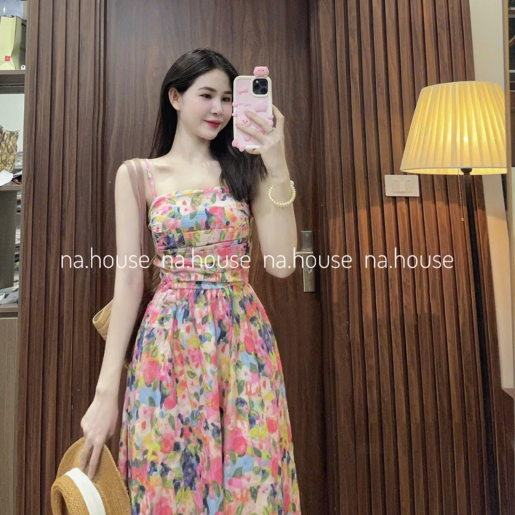 Đầm 2 dây hoa nhí đi chơi đi biển Nahouse váy voan hoa xếp ly ngực bo chun lưng màu hồng vàng thiết kế đẹp xinh sang xịn