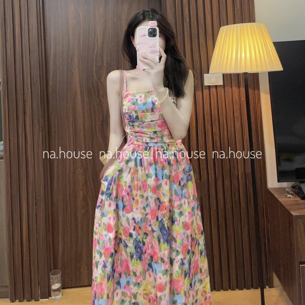 Đầm 2 dây hoa nhí đi chơi đi biển Nahouse váy voan hoa xếp ly ngực bo chun lưng màu hồng vàng thiết kế đẹp xinh sang xịn