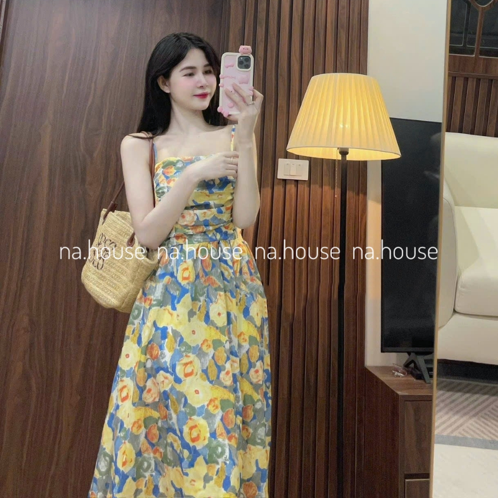 Đầm 2 dây hoa nhí đi chơi đi biển Nahouse váy voan hoa xếp ly ngực bo chun lưng màu hồng vàng thiết kế đẹp xinh sang xịn