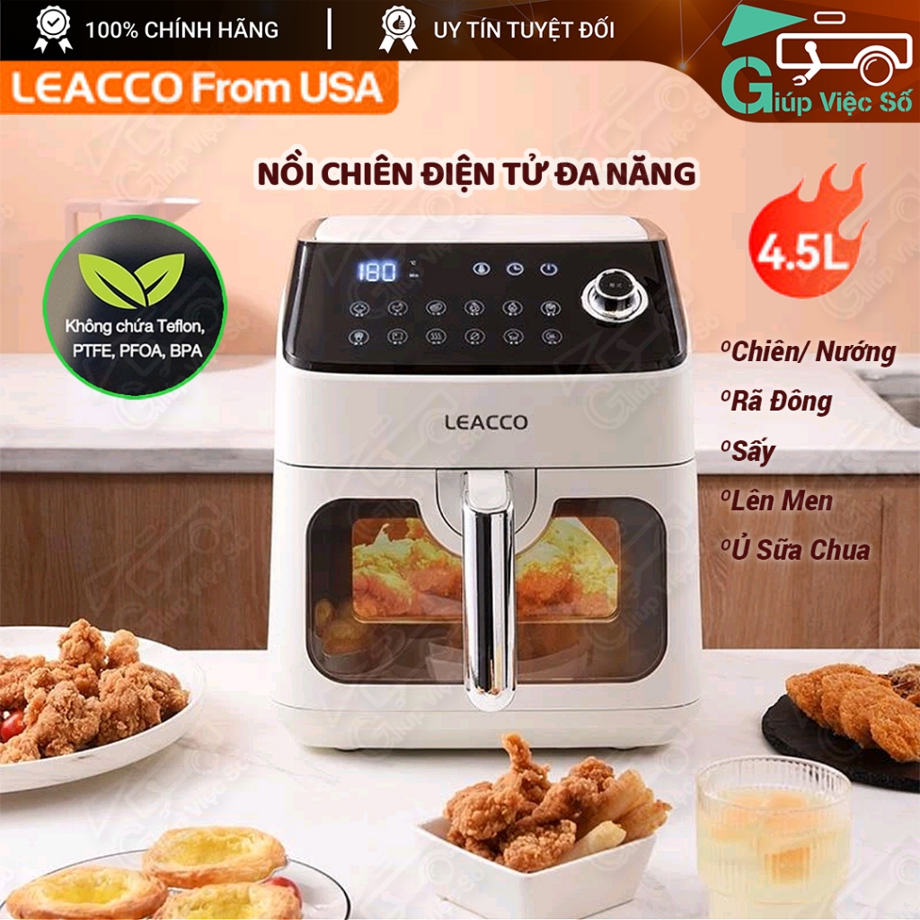Nồi Chiên Không Dầu Điện Tử Đa Năng Leacco 4.5L lòng nồi phủ Ceramic chống dính cao cấp - Chiên Nướng Sấy Ủ Sữa Chua