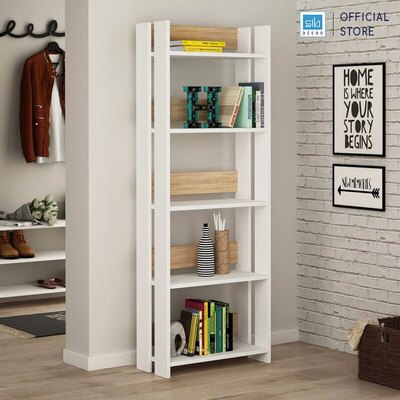 Kệ Sách 5 Tầng Màu Trắng Phối Vân Gỗ Đẹp Tinh Tế SIB Decor, Kèm Pát Chống Lật Kệ An Toàn KSG23