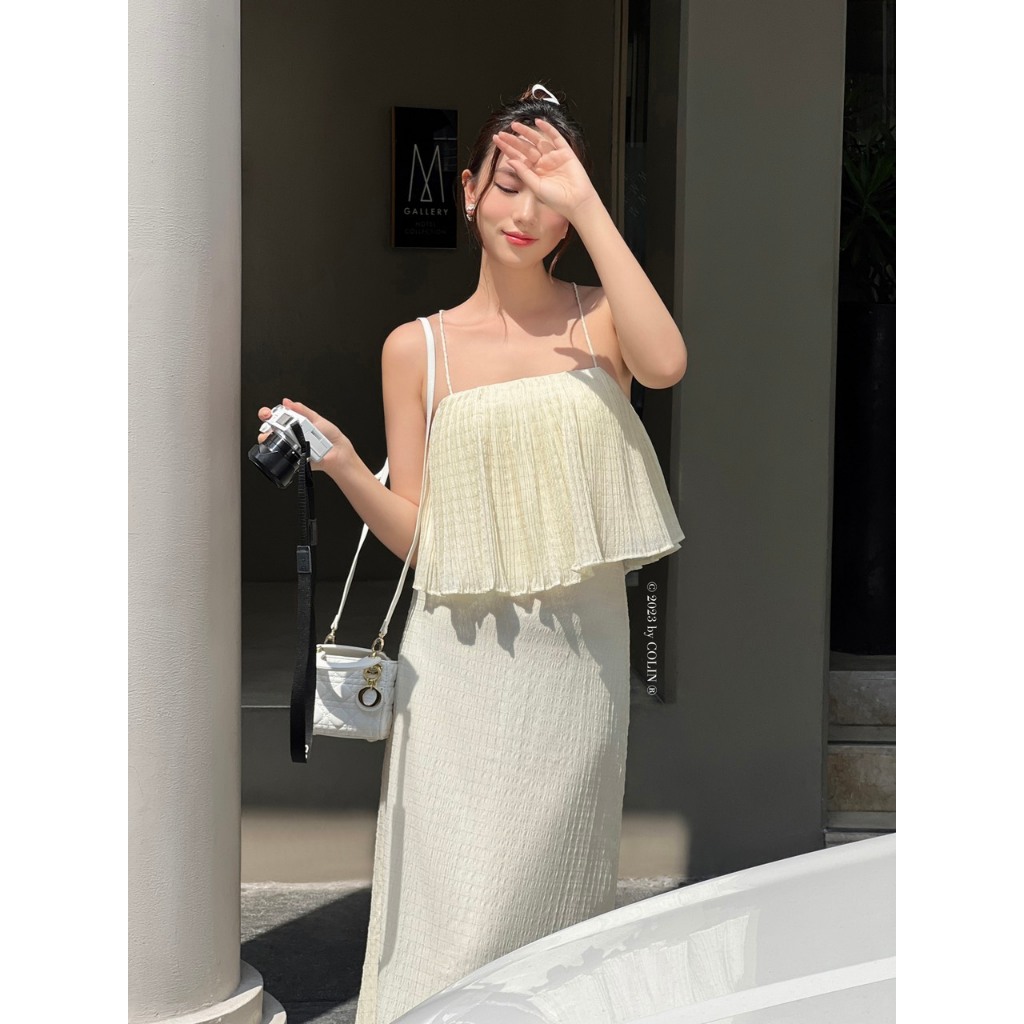 Set áo croptop 2 dây tơ xốp dập ly phối chân váy dài suông