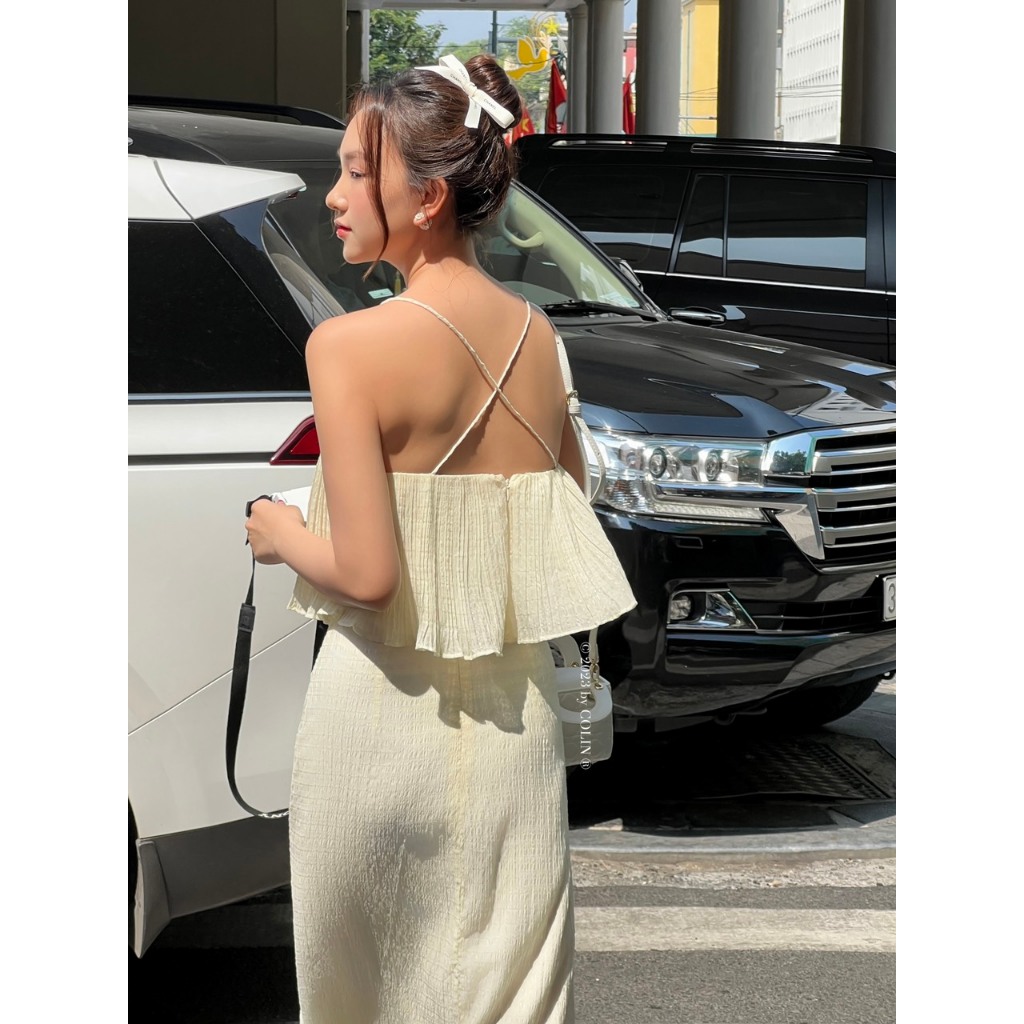 Set áo croptop 2 dây tơ xốp dập ly phối chân váy dài suông