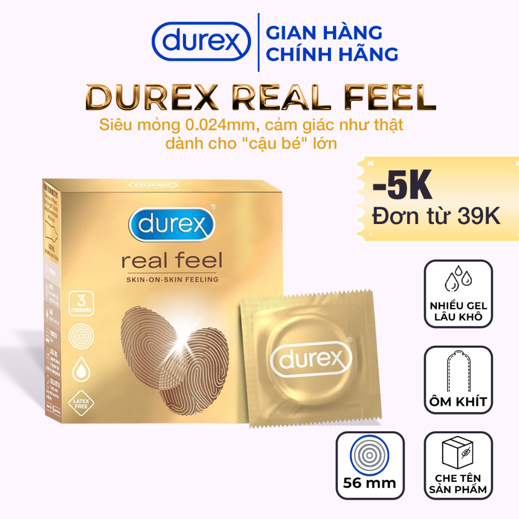 Bao Cao Su Durex Real Feel Siêu Mỏng 0.024mm Siêu Chân Thật Hộp 3 cái Size 56mm - Ba Con Sói For Man