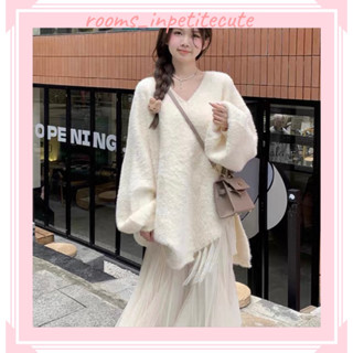 [ORDER] Áo len sweater lông thỏ cổ V dáng rộng vạt chéo tua rua tay bồng