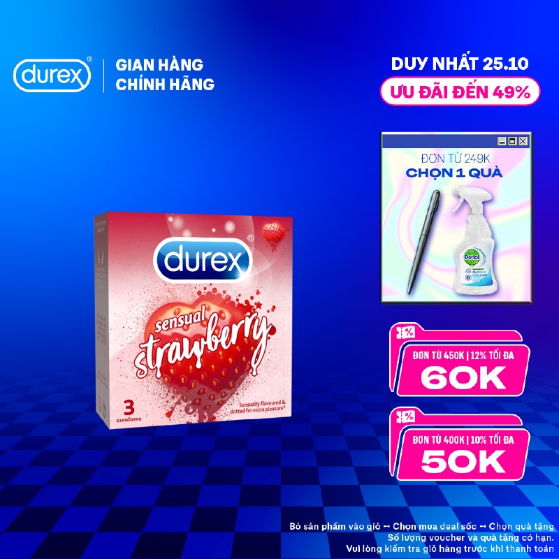 Bao cao su Durex Sensual Strawberry hương dâu (size 53mm, 3 bao/hộp)