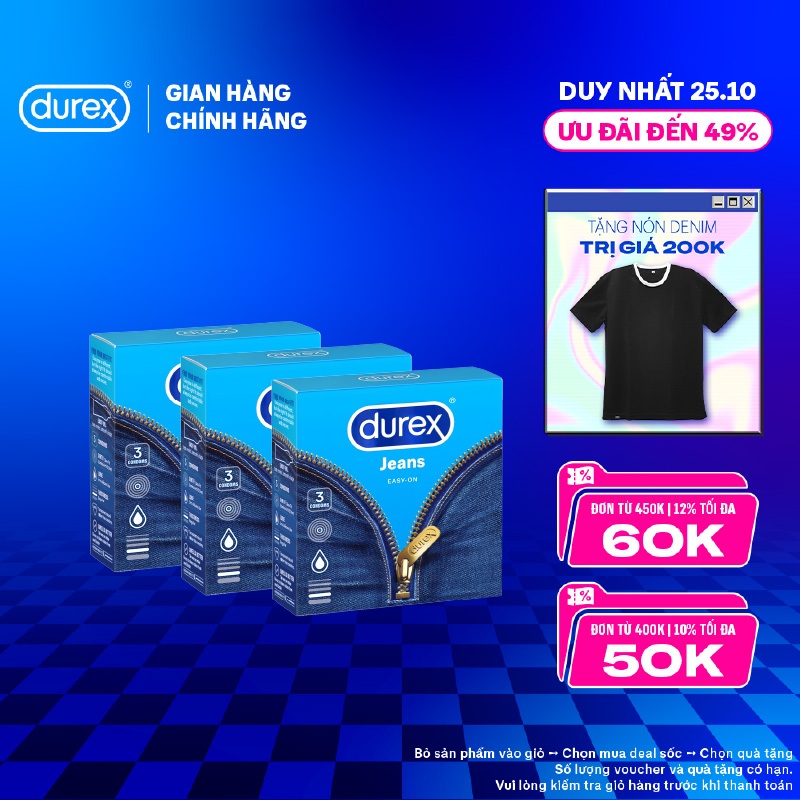 Bộ 3 hộp bao cao su Durex Jeans cơ bản, bôi trơn (size 52.5mm, 3 bao/hộp)