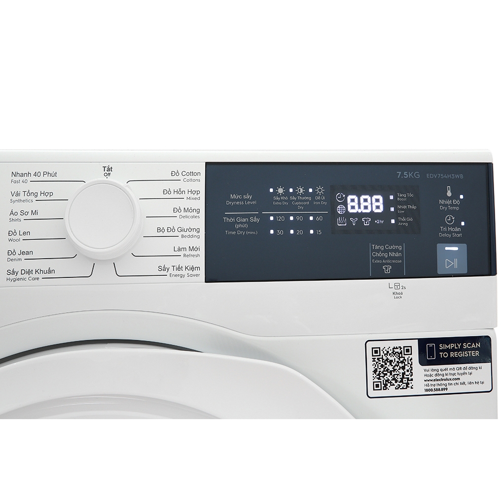 Máy sấy thông hơi Electrolux 7.5kg EDV754H3WB cửa trước, bảo hành chính hãng 24 tháng tại nhà