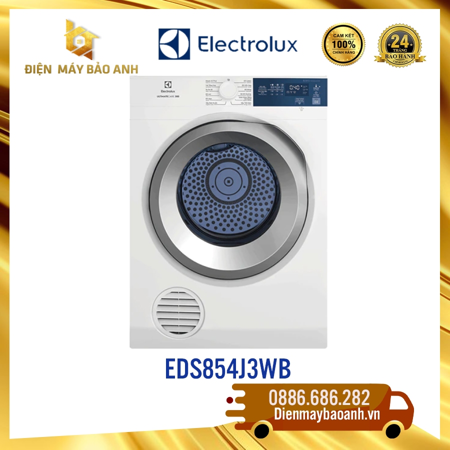 Máy sấy thông hơi Electrolux EDS854J3WB 8.5kg cửa trước lồng ngang, bảo hành chính hãng 24 tháng