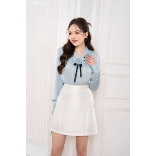 Áo sơ mi nữ lụa gân cài hoa cổ tim cao cấp Chiffon