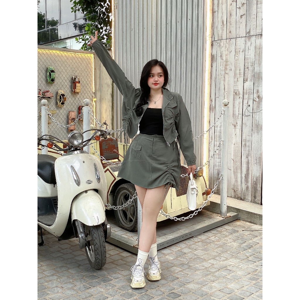 Set BIGSIZE áo rút dài tay kèm chân váy M7656 55-95KG