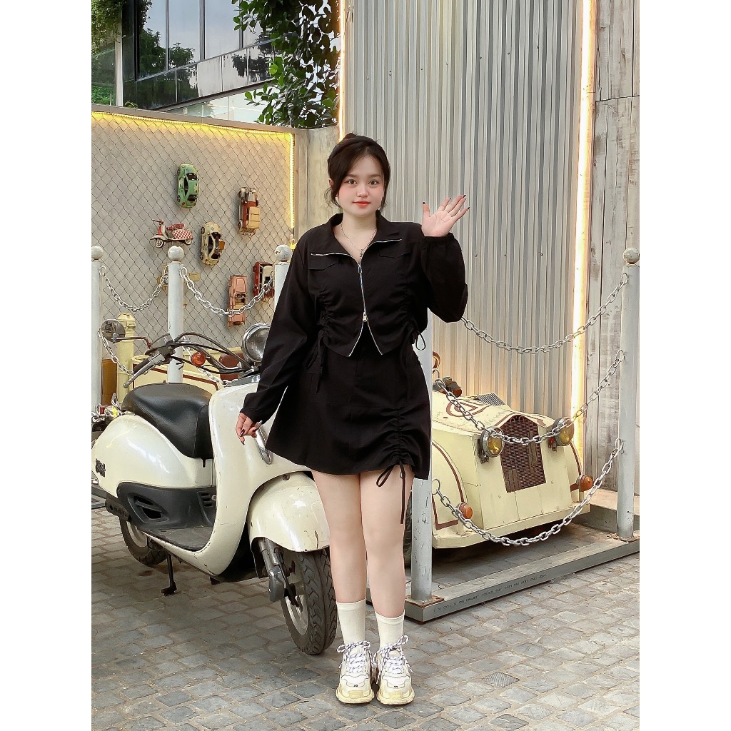 Set BIGSIZE áo rút dài tay kèm chân váy M7656 55-95KG