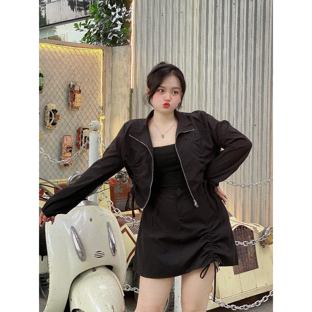 Set BIGSIZE áo rút dài tay kèm chân váy M7656 55-95KG