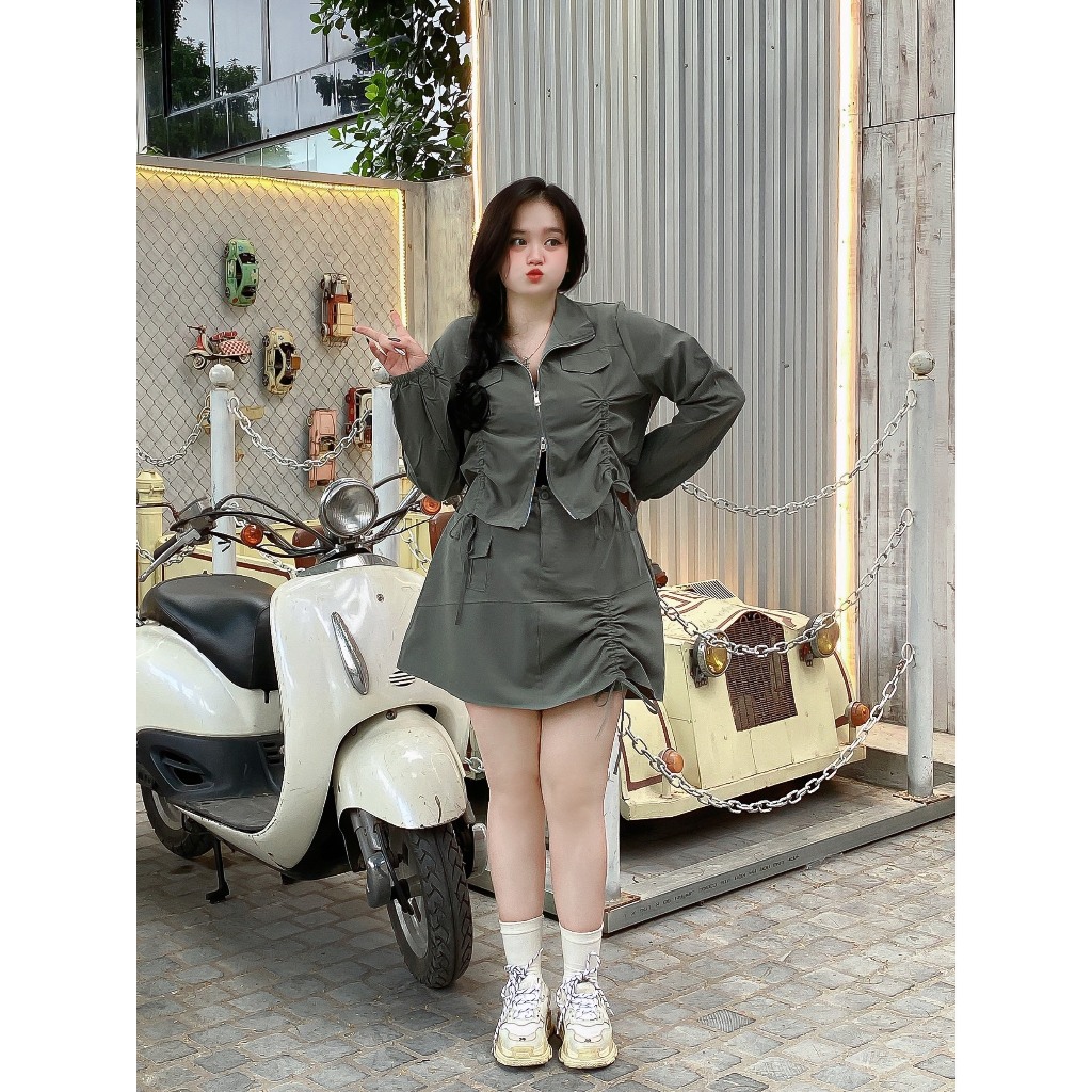 Set BIGSIZE áo rút dài tay kèm chân váy M7656 55-95KG