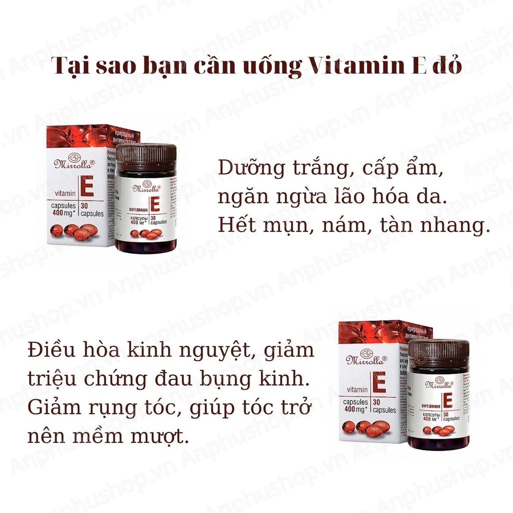 Viên uống Vitamin E đỏ Nga 400mg Mirrolla Làm đẹp trắng da chống lão hóa