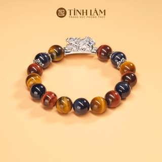 Tinh lâm vòng tay phong thủy đá mắt hổ tam tài - charm tỳ hưu