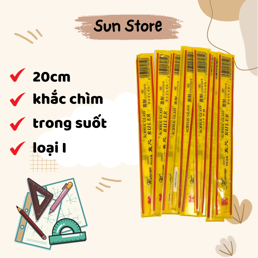 Thước kẻ nhựa trong 20cm chất liệu chống xước dành cho học sinh văn phòng - Sun Store