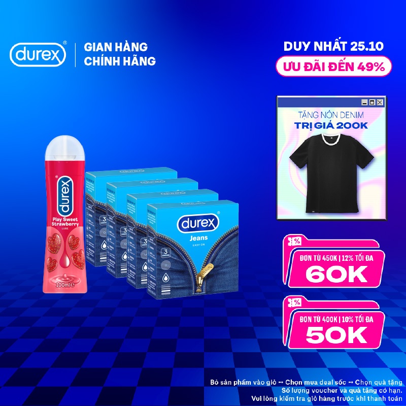 Bộ 4 hộp bao cao su Durex Jeans cơ bản (52.5mm, 3 bao/hộp) và 1 gel bôi trơn Durex Strawberry hương dâu 100ml/chai