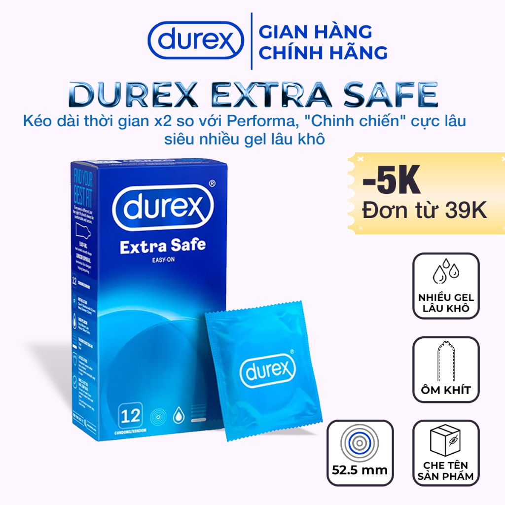 Bao Cao Su Durex Extra Safe Làm Lâu, Siêu Ướt Nhiều Gel Bôi Trơn Silicone, Hộp 12 cái, Rộng 52.5mm - Ba Con Sói For Man