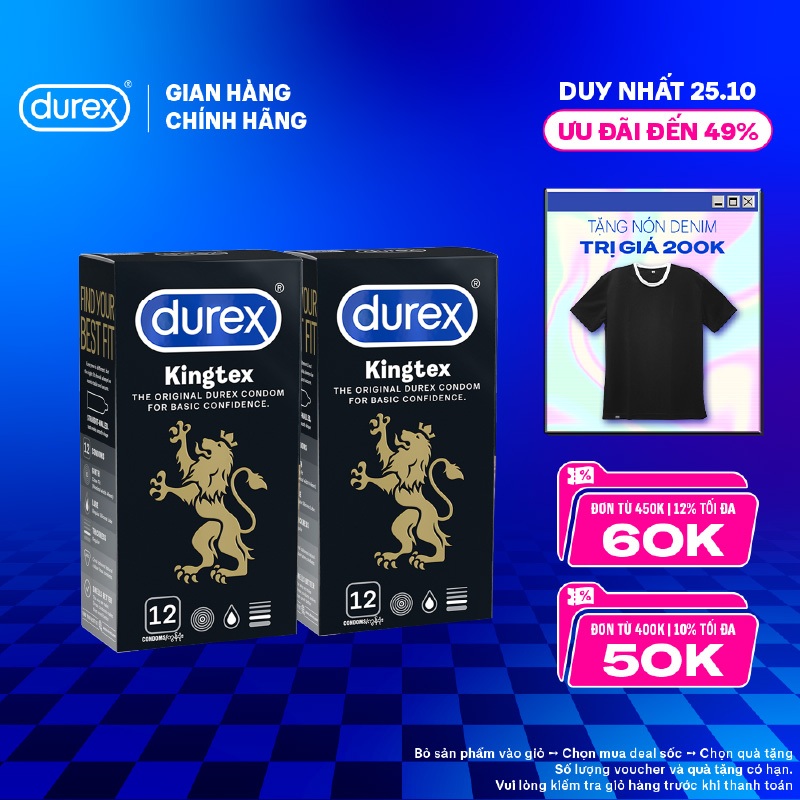 Bộ 2 hộp bao cao su Durex Kingtex ôm sát, bôi trơn (size 49mm, 12 bao/hộp)