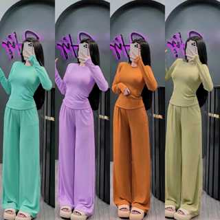 Đồ bộ nữ, set đồ nữ thun gân tăm lạnh ống rộng kèm áo tay dài xỏ ngón, đồ bộ ủ kem, bộ mặc nhà