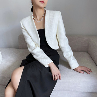 Áo khoác dạ Tweed Áo vest nữ dáng ngắn Oni Clothes thanh lịch, có đệm vai, vải tweed 2 lớp dày dặn màu trắng kem dễ phối