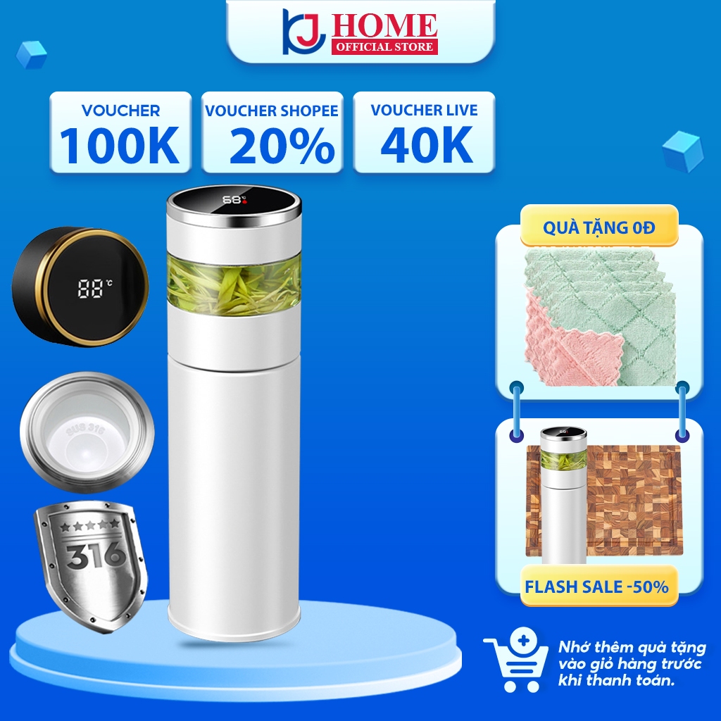 Bình giữ nhiệt KJ HOME 450ml - có khay lưới lọc trà, hiển thị nhiệt độ, bình pha trà, Chất liệu Inox 316 cao cấp