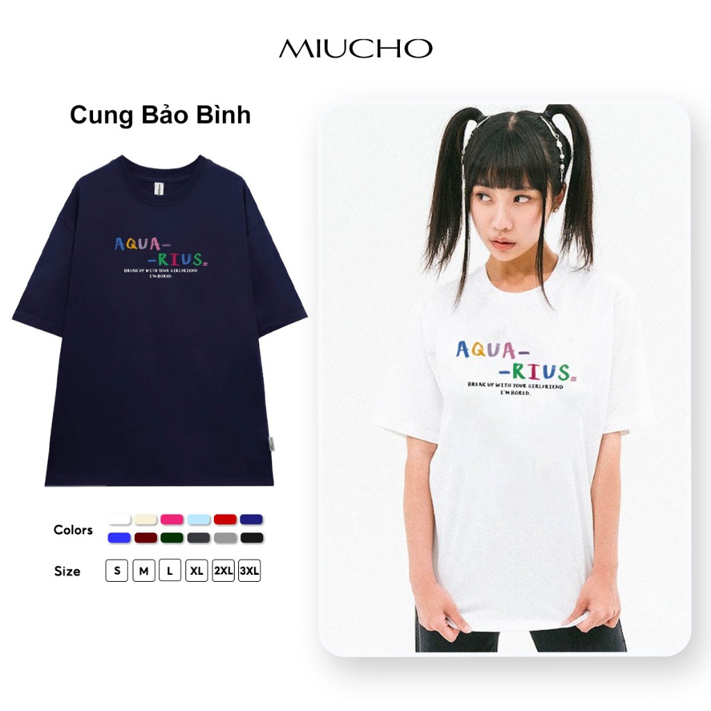 Áo thun nữ form rộng ATD370 cung hoàng đạo Bảo Bình AQUARIUS Miucho cotton cổ tròn in typography