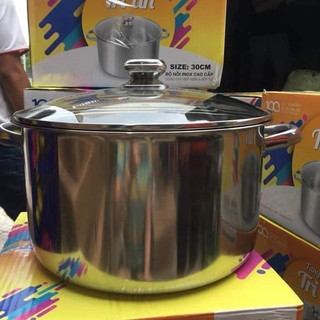 Nồi luộc gà inox size 30cm - nắp vung kính 1 đáy dùng cho mọi loại bếp