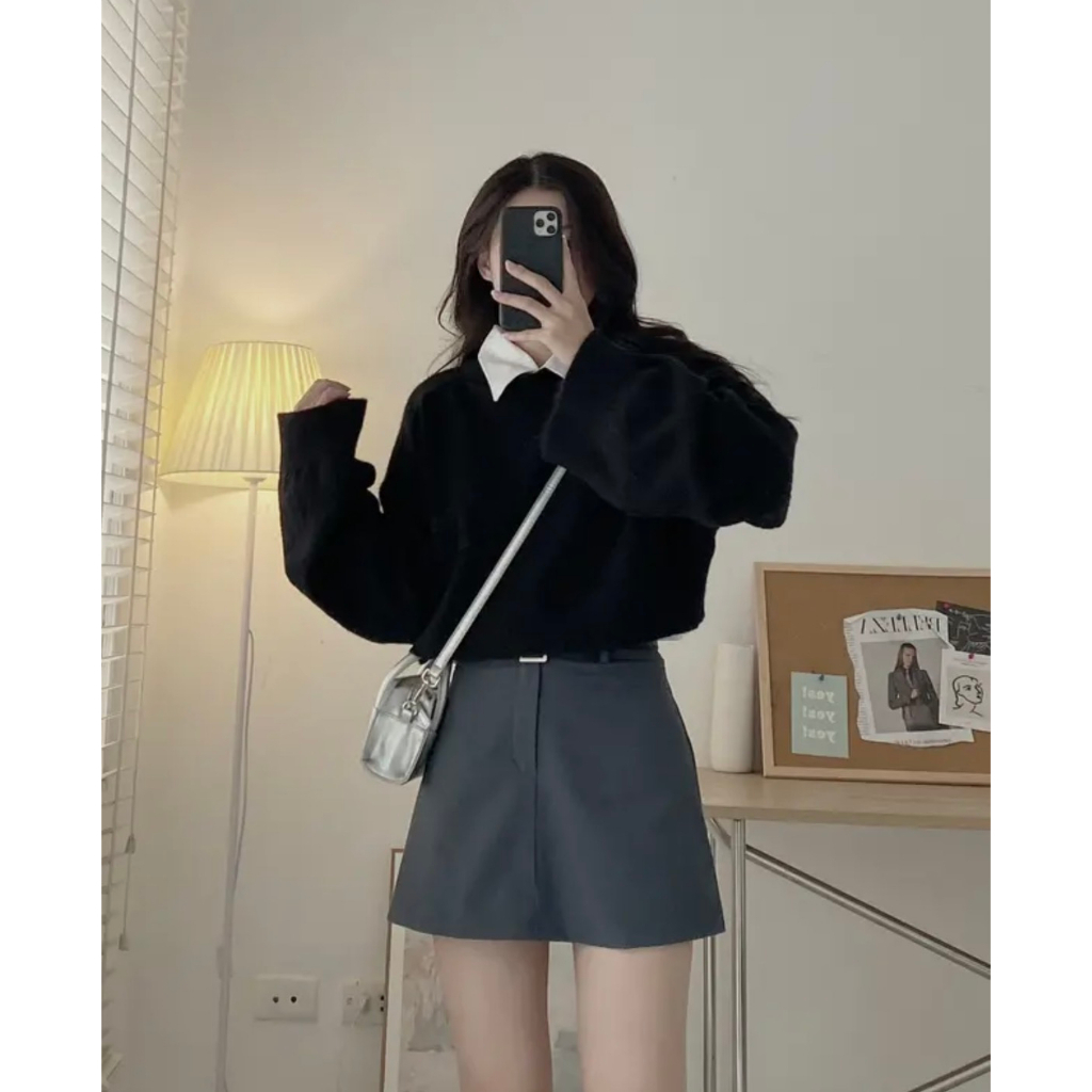 Áo len croptop trơn dài tay lông mịn cổ tròn Land Ping