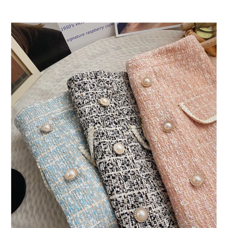 Chân váy chữ A kiểu dạ Tweed trang trí cúc tiểu thư