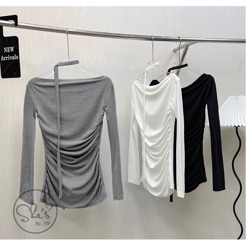 Áo nữ Áo Zip dài tay co giãn nhúm eo kèm dây cổ 3 màu siêu cá tính