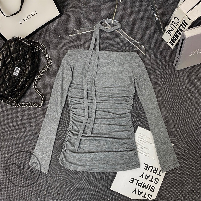 Áo nữ Áo Zip dài tay co giãn nhúm eo kèm dây cổ 3 màu siêu cá tính