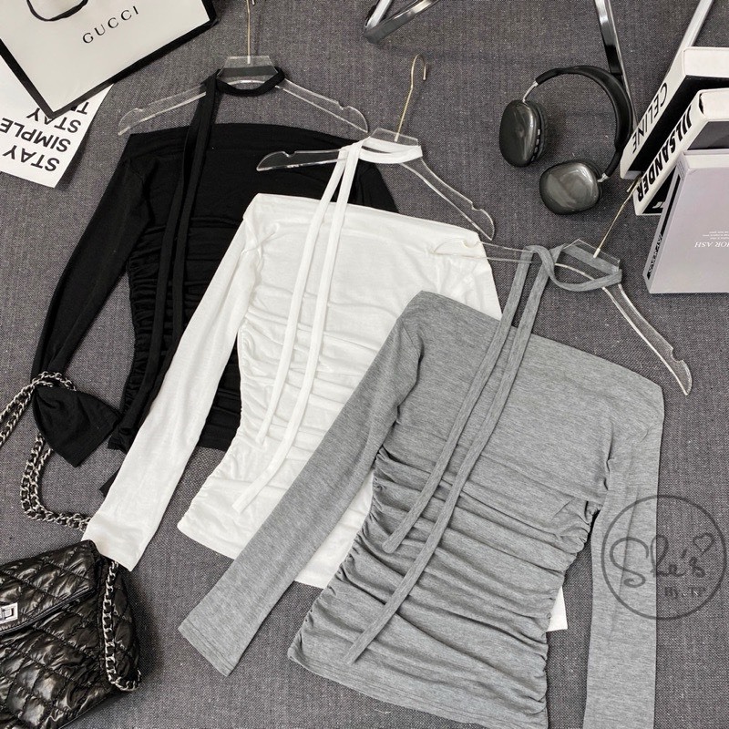 Áo nữ Áo Zip dài tay co giãn nhúm eo kèm dây cổ 3 màu siêu cá tính