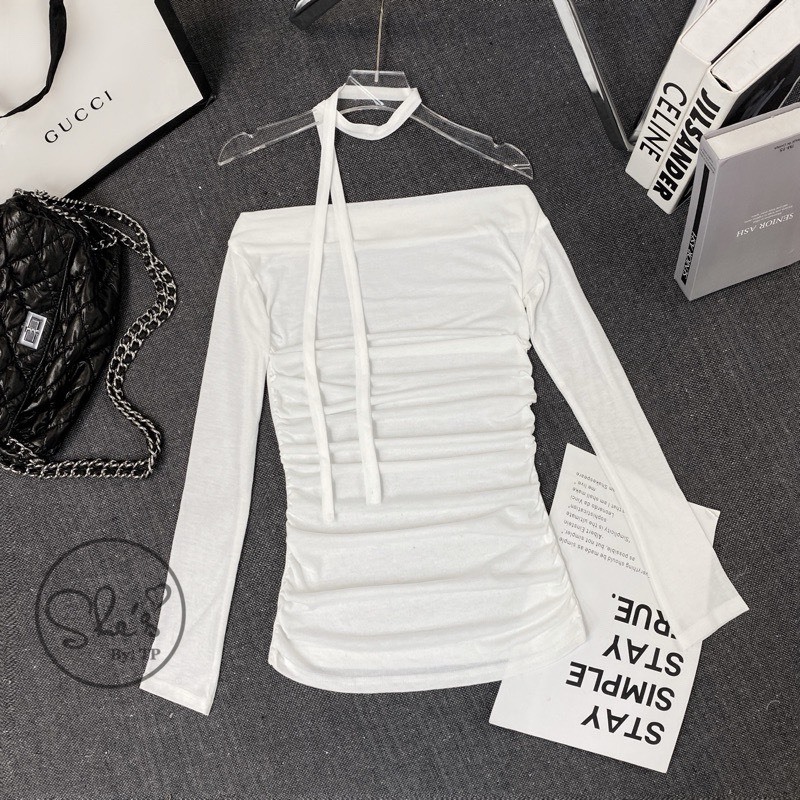 Áo nữ Áo Zip dài tay co giãn nhúm eo kèm dây cổ 3 màu siêu cá tính