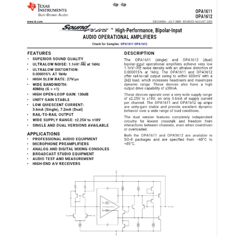 OPA1612A, OPA1612 OpAmp đôi hãng Texas, Ultralow Noise 1.1nV/Hz