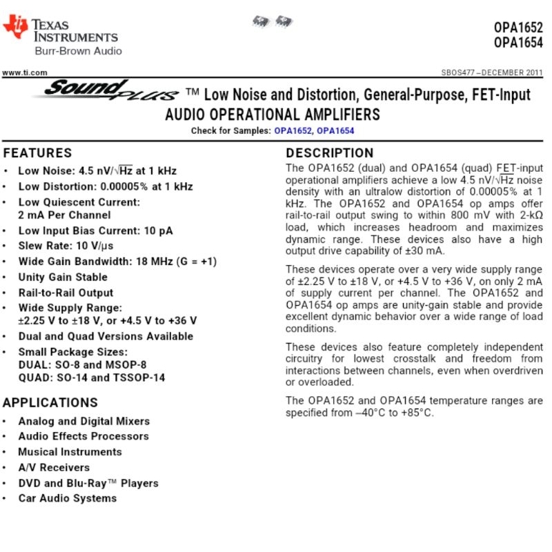 OPA1652, OP1652 OpAmp đôi hãng Texas, Low Noise 4.5nV/Hz