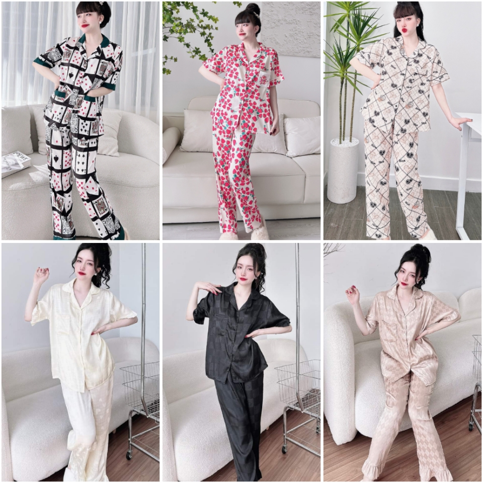 Đồ Bộ-Đồ Ngủ Pijama Tay Ngắn Quần Dài Đũi Xốp - Lụa Xước Ánh Kim Lá Bài Cao Cấp