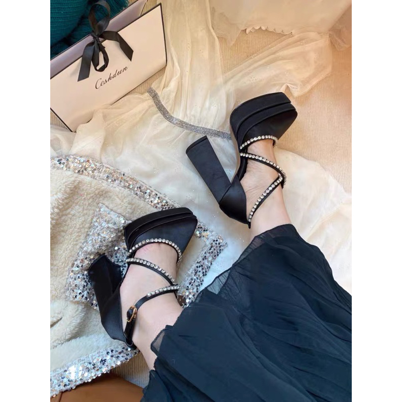 🌸ORDER 🌸 Giày đế đúp gót trụ dây đá chéo mũi nhọn & ảnh thật, 13cm 34-39