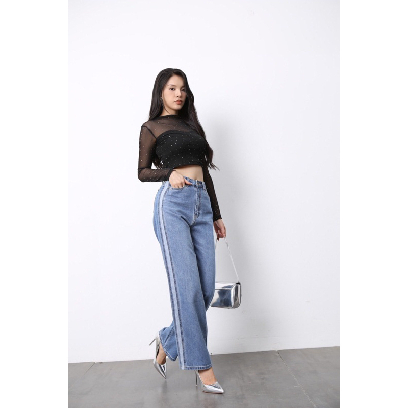 Quần Jean Ống Rộng Nữ - Quần Bò Ống Rộng Lưng Cao Nối Gân Bên Sườn, CT Jeans