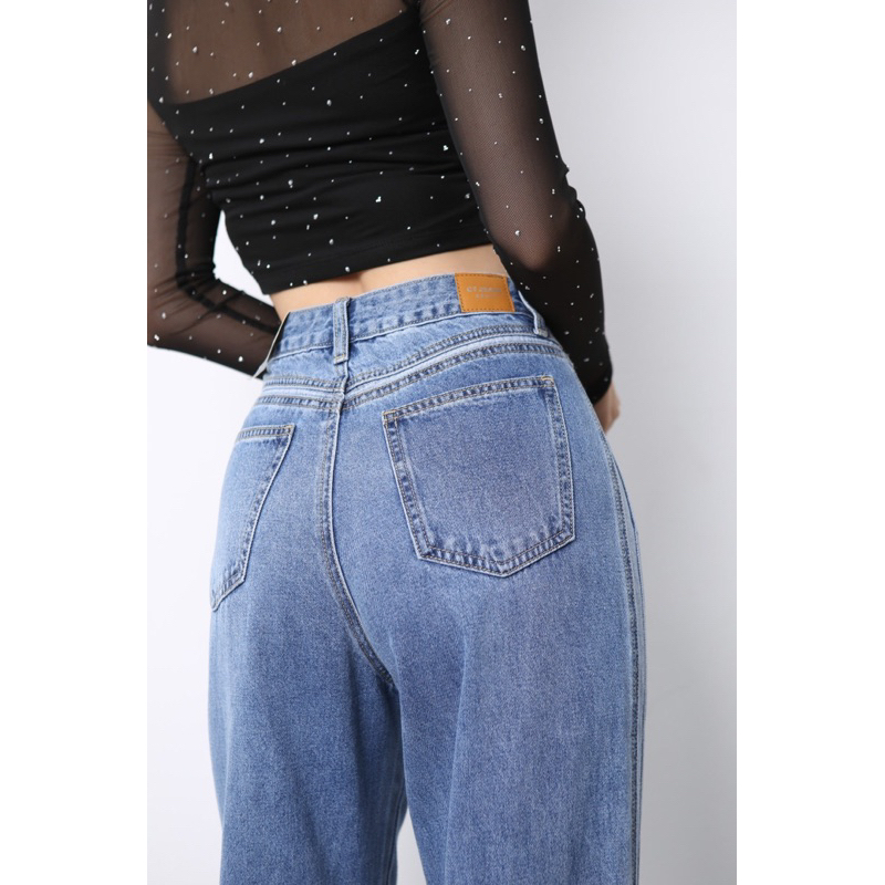 Quần Jean Ống Rộng Nữ - Quần Bò Ống Rộng Lưng Cao Nối Gân Bên Sườn, CT Jeans