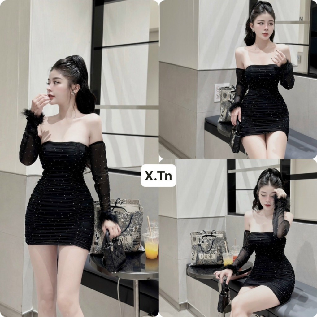 Váy body lưới đá tay lông chuẩn ảnh có đệm ngực, váy trễ ngực tay lông siêu xinh Moonyhanoi 292 TV