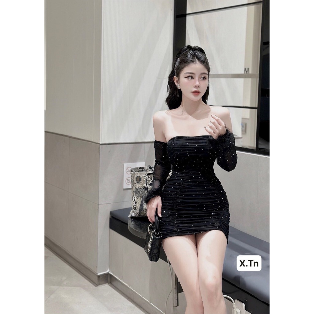 Váy body lưới đá tay lông chuẩn ảnh có đệm ngực, váy trễ ngực tay lông siêu xinh Moonyhanoi 292 TV