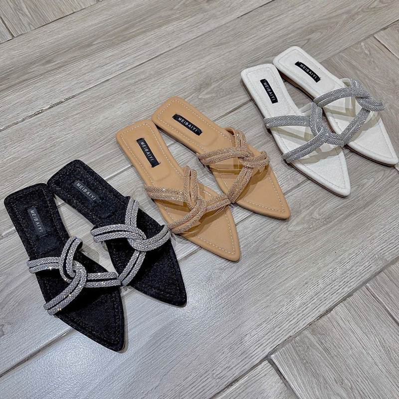 Dép mũi nhọn quai đính đá full