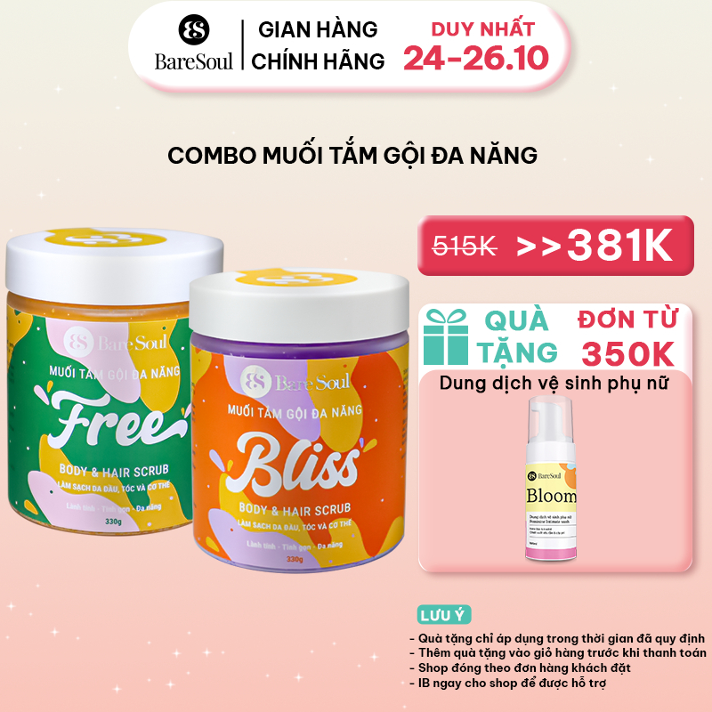 Combo tẩy tế bào chết, giảm viêm mụn, làm sáng cho da và hỗ trợ mọc tóc, giảm bết dầu BareSoul BLISS + FREE 300gx2